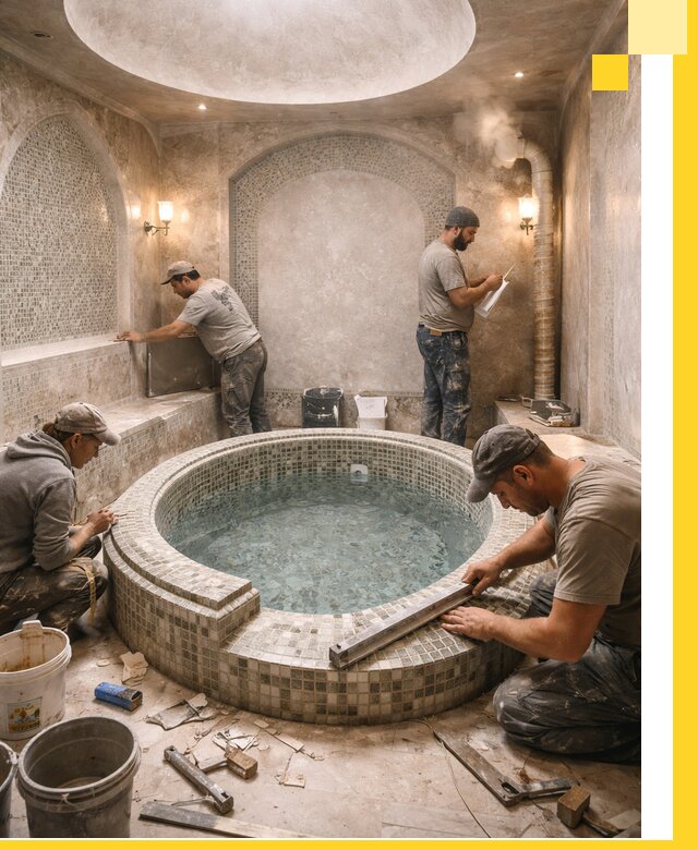 Профессиональное строительство хамама с бассейном в Краснокаменске под ключ